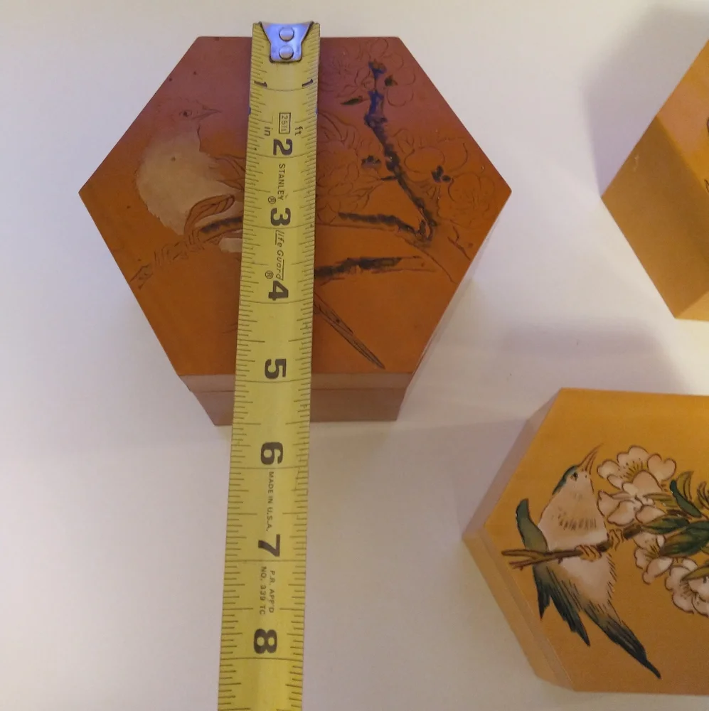 Vintage Chinese bamboo nesting hexagon boxes birds mid-century Asian Set Of 3